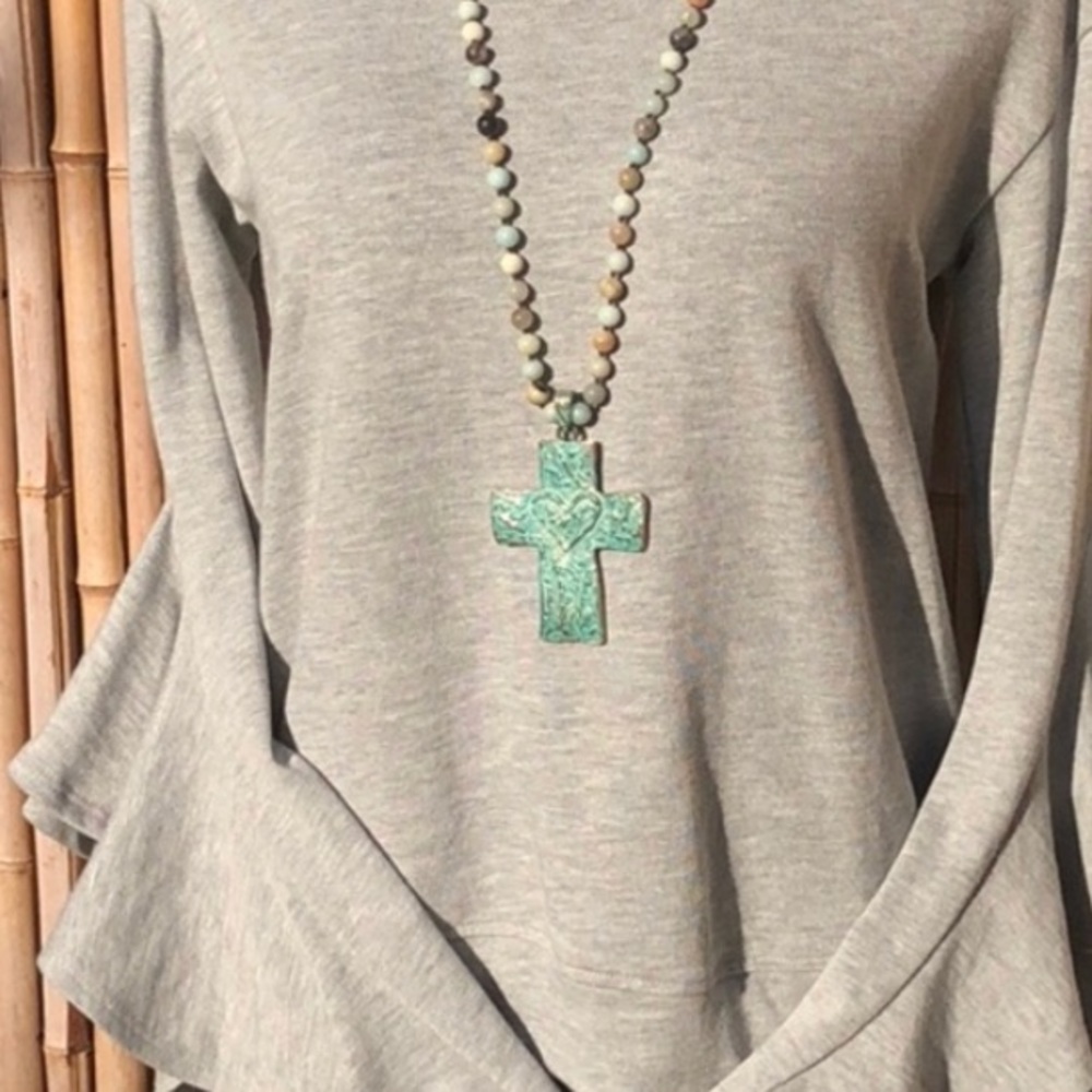 BRAND NEW Boho Blue/Green Amazonite Stone Cross Necklace - Picture 2 of 8